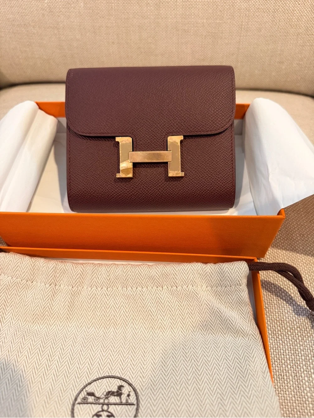 HERMES Constance Wallet in Burgundy with ROSE Gold Hardware